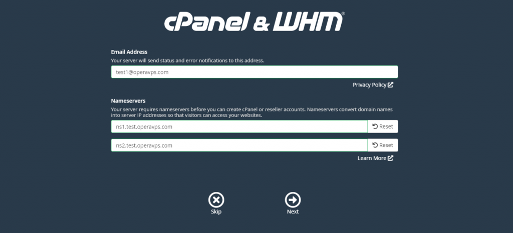 WHM first basic Configuration step (add email address and set name-servers)