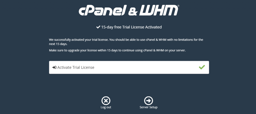 WHM free 15 days License Activated
